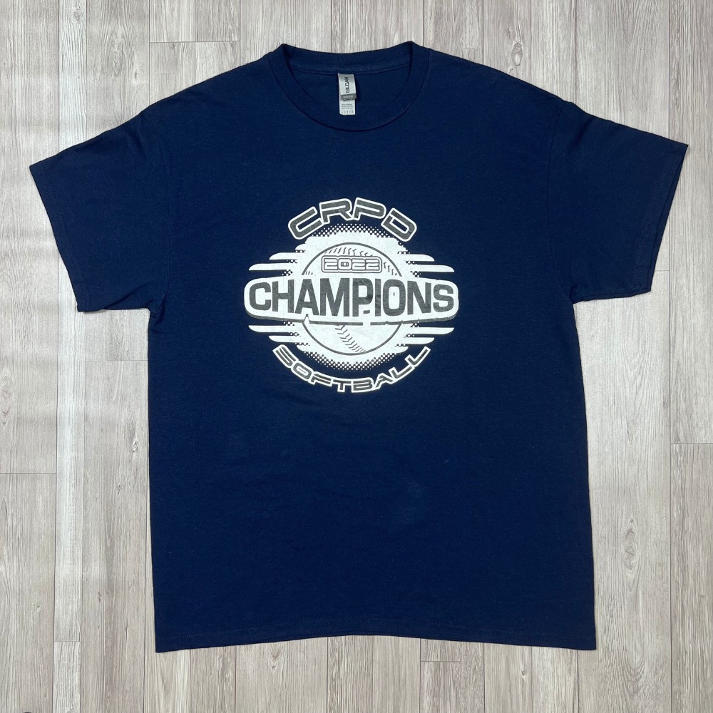 Size L - Gildan Dry Blend Brand - CRPD 2022 Champions Softball Vintage T-Shirt (LxW: 29x22 in)